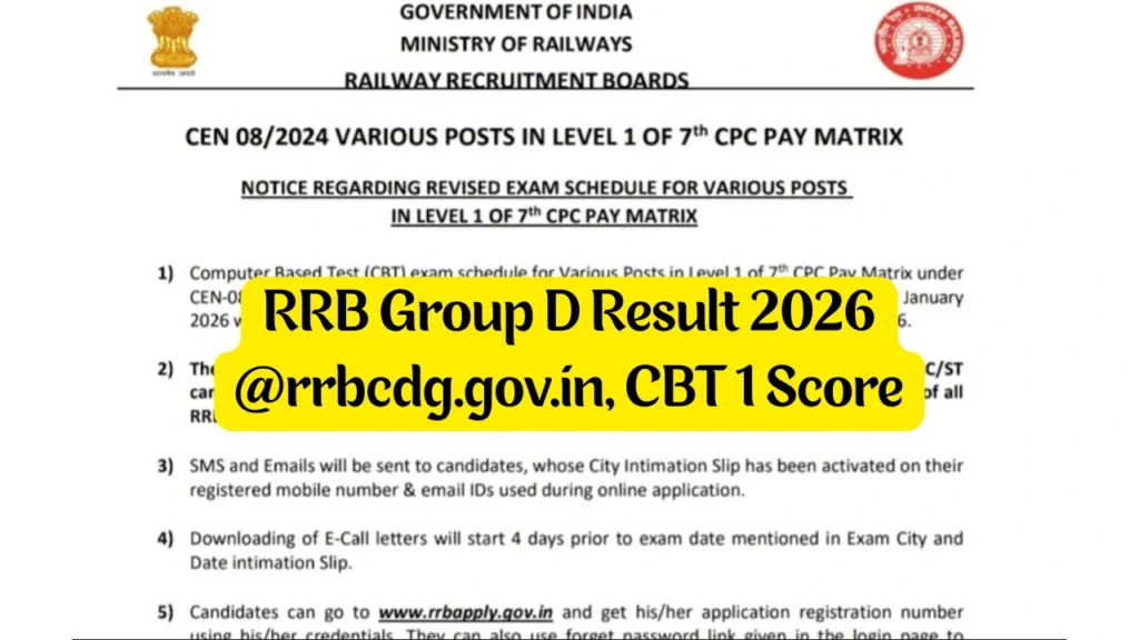 RRB Group D Result 2026 Date @rrbcdg.gov.in, CBT 1 Score 1 RRB Group D Result 2026