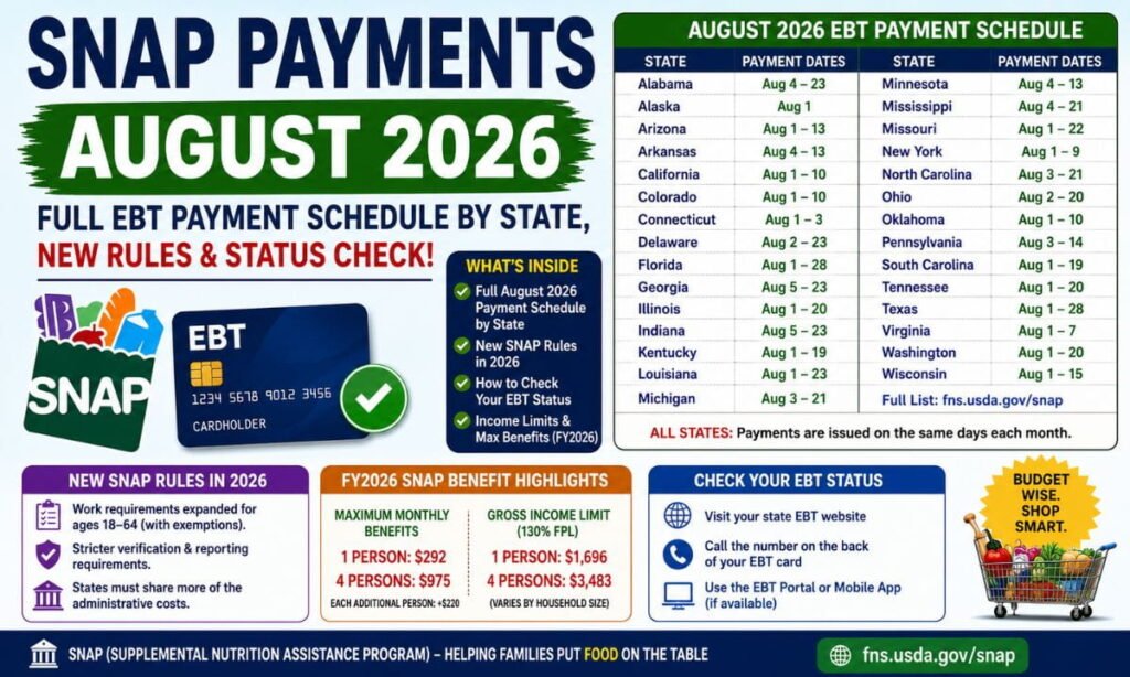 SNAP Payments August 2026: Full EBT Payment Schedule by State, New Rules & Status Check! 1 SNAP Payments August 2026
